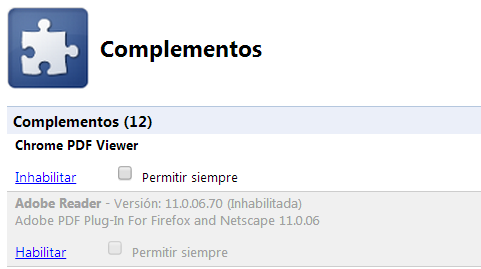 Pantalla Complementos Chrome